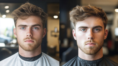 A striking portrait showcasing a young man's transformation during a haircut session, highlighting his fresh look and confident expression in a modern salon setting.の素材