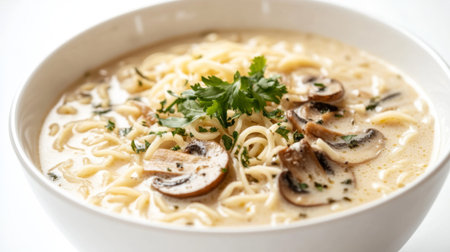 Indulge in a creamy mushroom pasta served in a white bowl, garnished with fresh herbs. Perfect for a comforting dinner or gourmet meal.の素材
