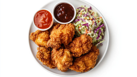 Enjoy a plate of crispy fried chicken paired with tangy sauces and fresh coleslaw, perfect for a hearty meal or gathering with loved ones.の素材