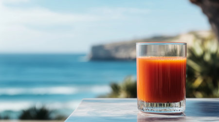 A refreshing glass of juice sits on a sunlit table with a breathtaking ocean view, perfect for a summer day of relaxation and enjoyment by the beach.の素材