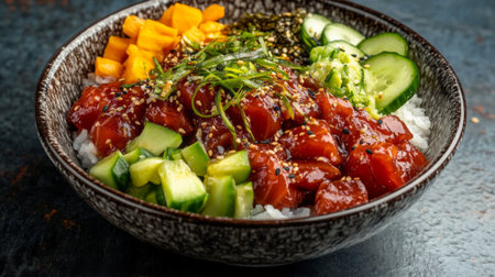 A colorful poke bowl filled with fresh seafood, vegetables, and rice. This healthy dish presents a delightful blend of flavors and textures. Perfect for food lovers.の素材