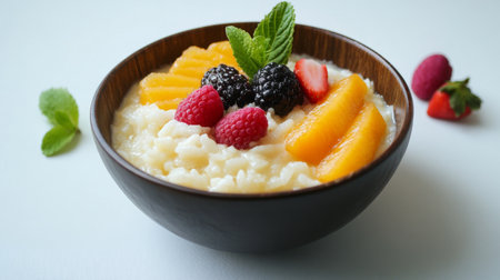 Enjoy a vibrant bowl of creamy rice topped with fresh fruit. This delightful dish features mango, berries, and mint for a healthy treat. Perfect for breakfast or dessert!の素材