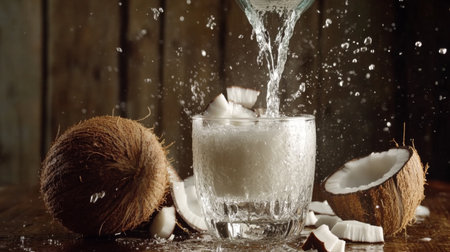 A captivating image of coconut water being poured into a glass, creating a lively splash. Perfect for showcasing tropical beverages, refreshment, and natural hydration.の素材