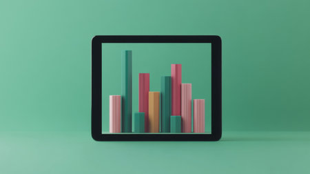 A colorful bar graph presented on a tablet screen against a mint green background, showcasing modern data visualization techniques in a creative and minimalistic design.の素材