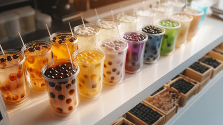 Explore a vibrant display of bubble tea drinks in various flavors, showcasing colorful cups filled with tapioca and appealing toppings. Perfect for dessert lovers.の素材