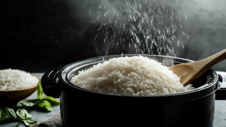 A steaming bowl of freshly cooked rice, perfect for any meal. The image captures the essence of culinary preparation with a background of aromatic steam and natural elements, ideal for food enthusiasts.の素材