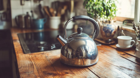 A beautiful stainless steel kettle sits on a wooden countertop, reflecting light and bringing a cozy and elegant touch to a modern kitchen interior.の素材