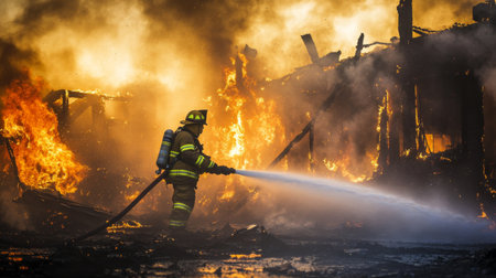 A firefighter courageously battles a fierce blaze, showcasing the intensity and bravery required in emergency response situations. Smoke and flames engulf a structure, illustrating the dangerous environment faced by first responders.の素材