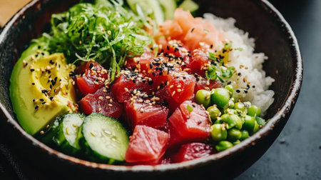 A colorful sushi bowl filled with fresh tuna, avocado, cucumber, and rice, garnished with sesame seeds and green onion for a nutritious meal.の素材
