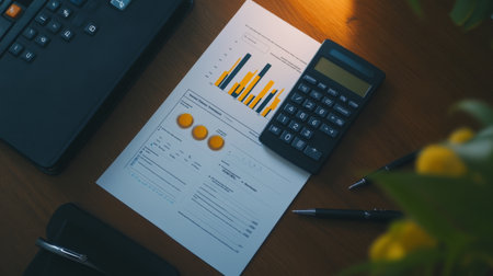Aerial view of a financial report featuring analytics and a calculator. Ideal for concepts related to finance, business planning, and office organization.の素材