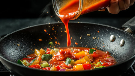 A chef pours a rich sauce over colorful vegetables in a frying pan, showcasing a vibrant cooking scene filled with fresh ingredients and culinary creativity.の素材