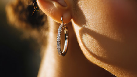 A stunning close-up of an elegant gold hoop earring, showcasing its intricate design and sparkle. Perfect for concepts of beauty and fashion.の素材