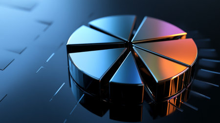 A sleek metallic pie chart with glossy finish on a dark gradient backdrop. Ideal for business, analysis, and data visualization projects emphasizing modern design.の素材