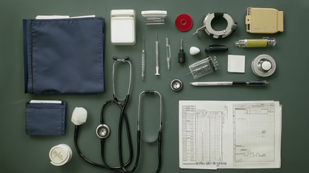 A top-down view of essential medical equipment arranged neatly on a green surface, showcasing tools and supplies used by healthcare professionals.の素材