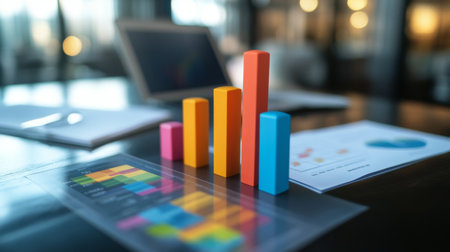 A vibrant arrangement of colorful blocks represents chart analysis on a sleek office desk, symbolizing data insights and business strategy in a modern workspace.の素材