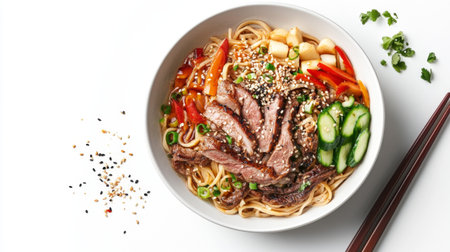 A vibrant Asian noodle bowl featuring tender beef, colorful vegetables, and a sprinkle of sesame seeds, perfect for a hearty meal. Enjoy this culinary delight!の素材