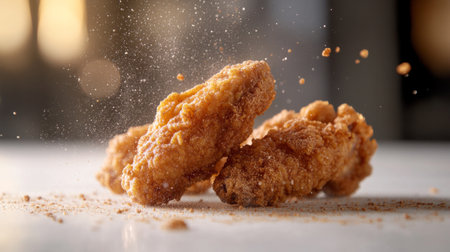 Close-up shot of crispy fried chicken wings showcasing golden texture and delicious seasoning. Perfect for food lovers and culinary enthusiasts.の素材