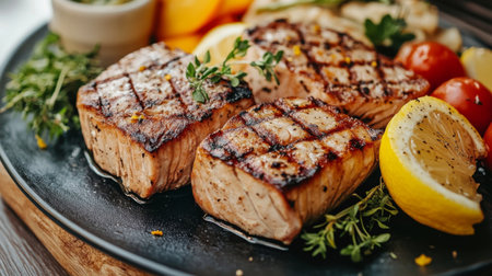A beautifully presented dish featuring grilled salmon steaks, fresh vegetables, and lemon slices, perfect for healthy dining or a gourmet meal experience.の素材
