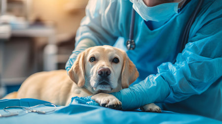 A compassionate veterinarian examines a labrador dog in a clinic setting, showcasing the importance of pet care and professional animal healthcare.の素材