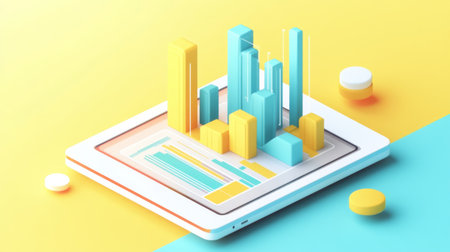 Vibrant 3D data visualization displayed on a tablet, showcasing colorful bars and graphs. Ideal for business, finance, or technology presentations.の素材