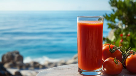 A refreshing glass of tomato juice sits on a table, accompanied by ripe tomatoes. The stunning seaside backdrop features a serene ocean view, ideal for relaxation.の素材
