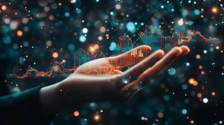 A human hand reaching out to display a digital data visualization, representing growth and technology in finance. The image captures an abstract background filled with vibrant lights and patterns.の素材