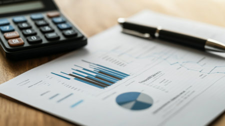 A close-up view of a calculator and financial charts on a wooden table, illustrating data analysis and financial planning for business insights and strategies.の素材