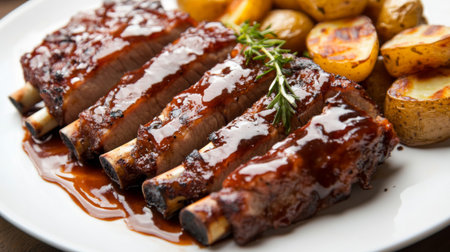 Indulge in this mouthwatering plate of BBQ ribs paired with roasted potatoes and fresh herbs. Perfect for a satisfying meal or special occasion.の素材