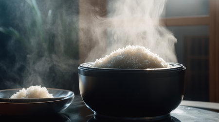 A steaming bowl of freshly cooked rice sits invitingly, showcasing the warmth and aroma of this simple yet essential dish, perfect for any meal.の素材