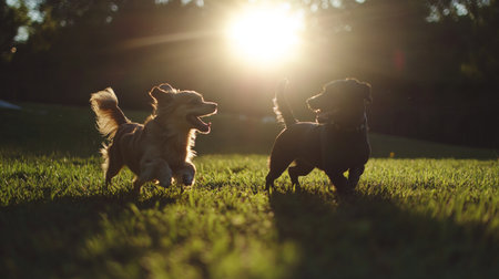 Two happy dogs are playing together in sunlit grass during sunset. The bright sunlight creates a beautiful backdrop for their joyful interactions.の素材