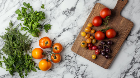 A vibrant arrangement of fresh tomatoes and herbs on a wooden cutting board against a marble background. Perfect for culinary inspiration and healthy cooking.の素材