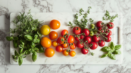 A vibrant assortment of fresh vegetables and herbs arranged on a marble cutting board, perfect for cooking and healthy meal preparation.の素材