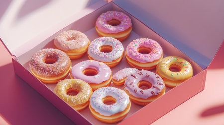 An appealing assortment of colorful donuts presented in a pink box, featuring various frosting and sprinkles, perfect for a sweet treat or celebration.の素材
