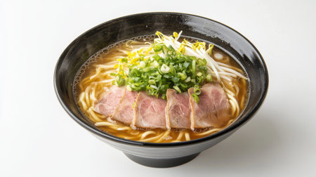 A delicious bowl of ramen featuring fresh toppings like green onions and beansprouts, served in a rich broth with tender beef slices. Perfect for a comforting meal.の素材