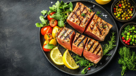This image features grilled salmon served with fresh vegetables and lemon slices, showcasing a healthy and colorful meal perfect for any occasion.の素材
