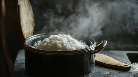 A close-up view of steaming cooked rice in a pot, showcasing its fluffy texture and inviting warmth. Ideal for culinary and food-related themes.の素材
