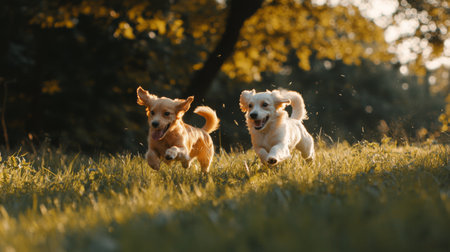 Two joyful dogs run freely through a sunlit field, capturing a moment of pure happiness and playfulness in nature. Ideal for pet lovers.の素材