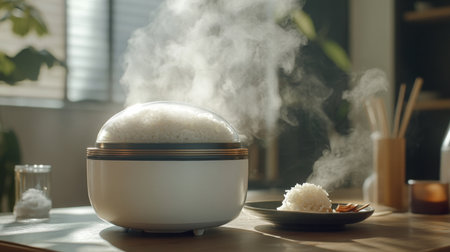 A modern rice cooker producing steam while cooking white rice. The scene captures the warmth and comfort of home dining with a delicious meal ready to serve.の素材