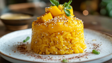 A vibrant mango rice dessert topped with sesame seeds and fresh mango pieces. This sweet dish offers a delightful fusion of flavors and colors, perfect for gourmet occasions.の素材