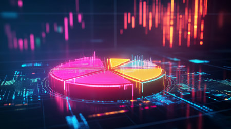 Vibrant 3D pie chart representation showcasing data insights with colorful segments. Ideal for illustrating trends, analytics, and business performance.の素材