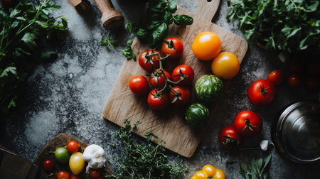 A stunning arrangement of fresh, colorful tomatoes and herbs on a wooden cutting board, perfect for culinary inspiration and healthy meal preparation.の素材