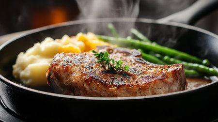 A mouthwatering pork chop sizzling in a skillet, served with creamy mashed potatoes and fresh green beans. Perfect for a comforting meal.の素材
