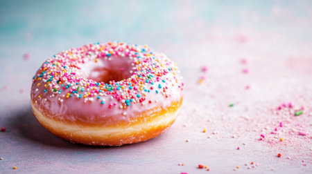 A vibrant pink donut topped with colorful sprinkles sits beautifully against a soft background, perfect for food-themed projects and dessert imagery.の素材