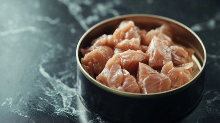 Fresh fish chunks displayed in a round metal container, perfect for culinary use. Ideal for seafood dishes, cooking preparations, and healthy meals.の素材