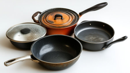 A collection of assorted cookware including pots and pans in various styles and materials, perfect for home cooking and meal preparation needs.の素材