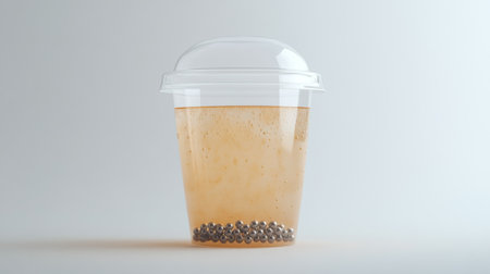 A clear cup filled with bubbly liquid and small balls at the bottom, showcasing a refreshingly modern beverage in an artistic presentation.の素材