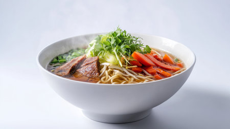 A steaming bowl of delicious noodle soup featuring fresh vegetables, herbs, and tender meat, perfect for a cozy meal or culinary photography.の素材