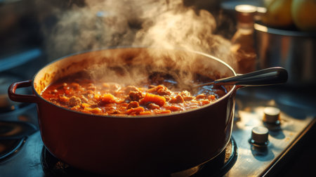 A steaming hot stew simmers in a pot, releasing aromatic vapors. This cozy kitchen scene captures the essence of home cooking and delicious meals.の素材
