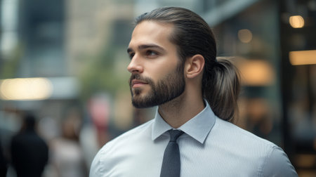 A confident businessman stands in an urban setting, showcasing a stylish look with a neat hairstyle and beard. Ideal for themes of professionalism and ambition.の素材
