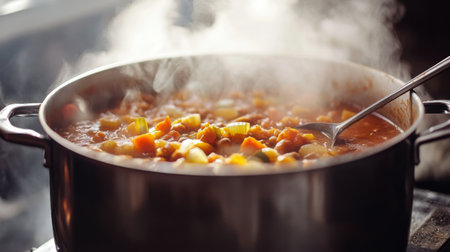 A pot of fresh vegetable soup simmers on the stove, releasing a comforting steam. This wholesome dish highlights vibrant ingredients, perfect for a cozy meal.の素材